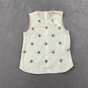 J. Crew Blouse Top Women 4 Cream Tan Contrast Trim Embellished Jewel Back Button